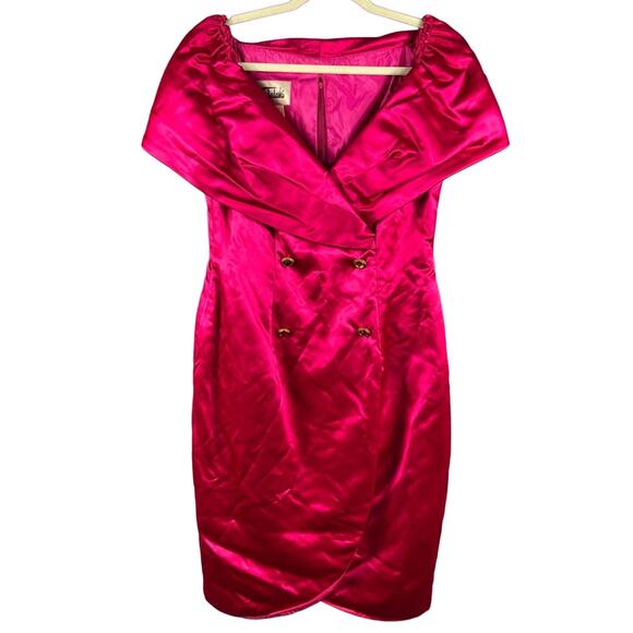 Vintage Tadashi Hot Pink Satin Cocktail Dress Off-Shoulder Gold Buttons Size 10 - Picture 7 of 8
